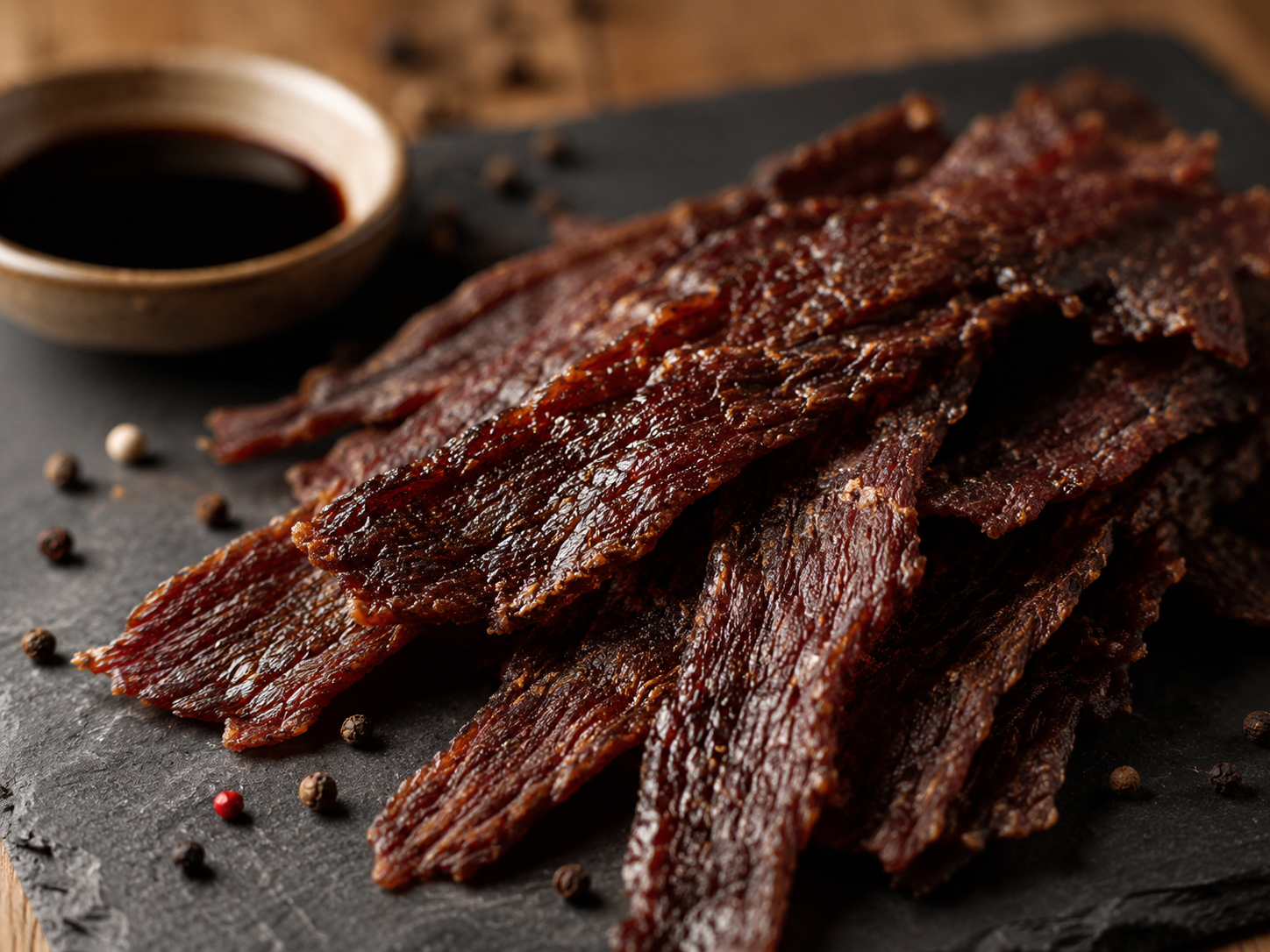 Thin crispy beef jerky strips, close-up